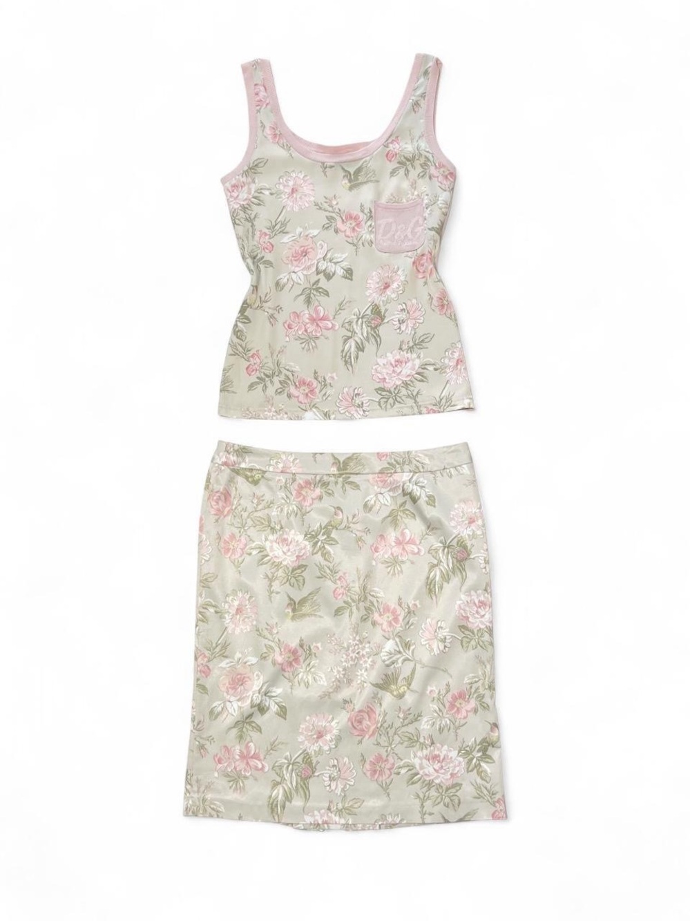 Floral Satin Tank & Skirt Sleep Set in Sage and Pink